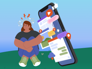 A young business owner sits in disarray, overwhelmed by the perks of social media management.